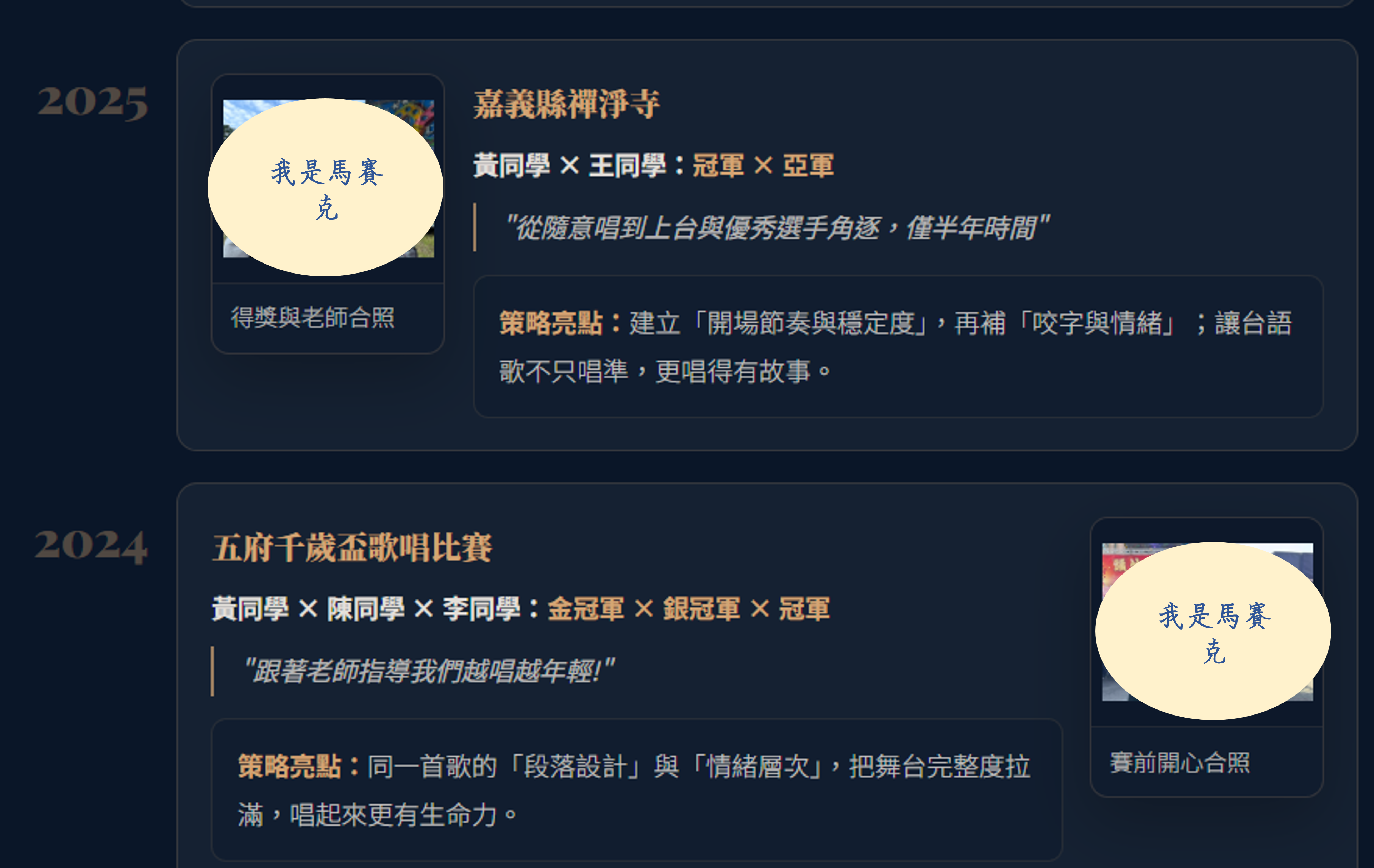 學員成果：照片不裁剪，保留原始質感。每則成果附上訓練策略。