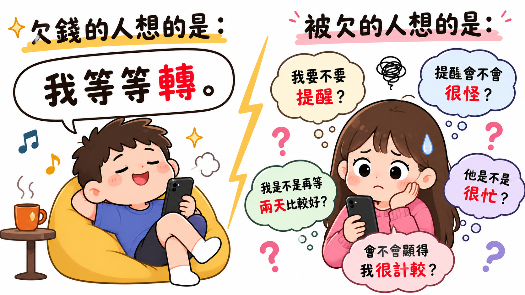 欠款者認為晚點再轉帳，被欠款者卻陷入是否提醒的糾結，呈現忘記轉帳造成的人情壓力與關係摩擦