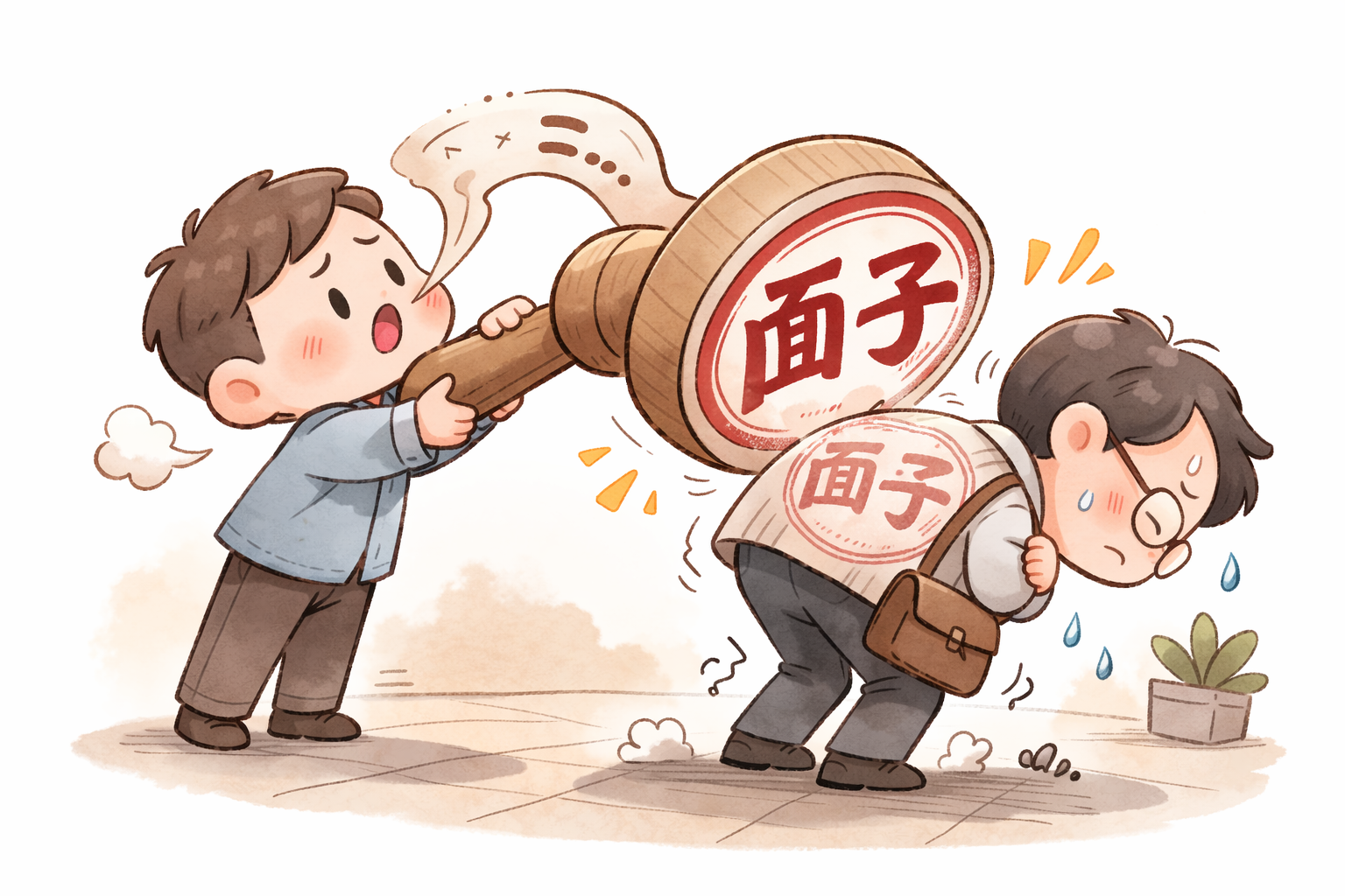 手繪插畫一句話從嘴裡飄出變成沉重印章蓋在對方背上象徵「你讓我很沒面子」這句話的操控力