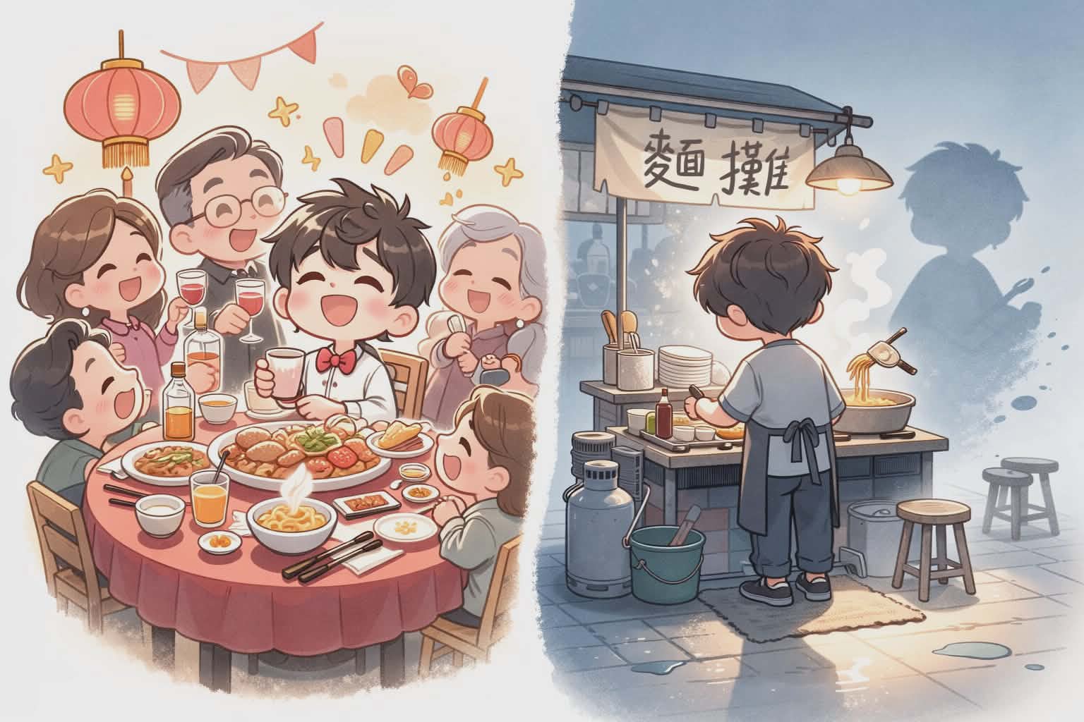 手繪插畫左邊是科技業哥哥西裝筆挺光芒圍繞右邊是賣麵弟弟低頭煮麵蒸氣上升成淡淡光環象徵家族中光環與實力的殘酷反差