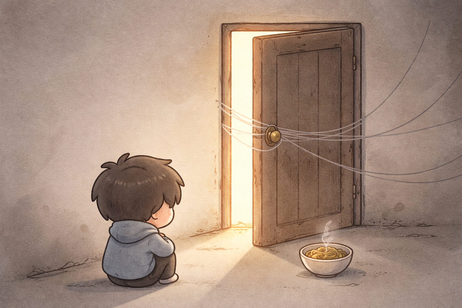 手繪插畫一個人背對畫面面前是半開的門門把有細線連向暗處旁邊放著冒熱氣的麵碗象徵猶豫中繼續生活的日常