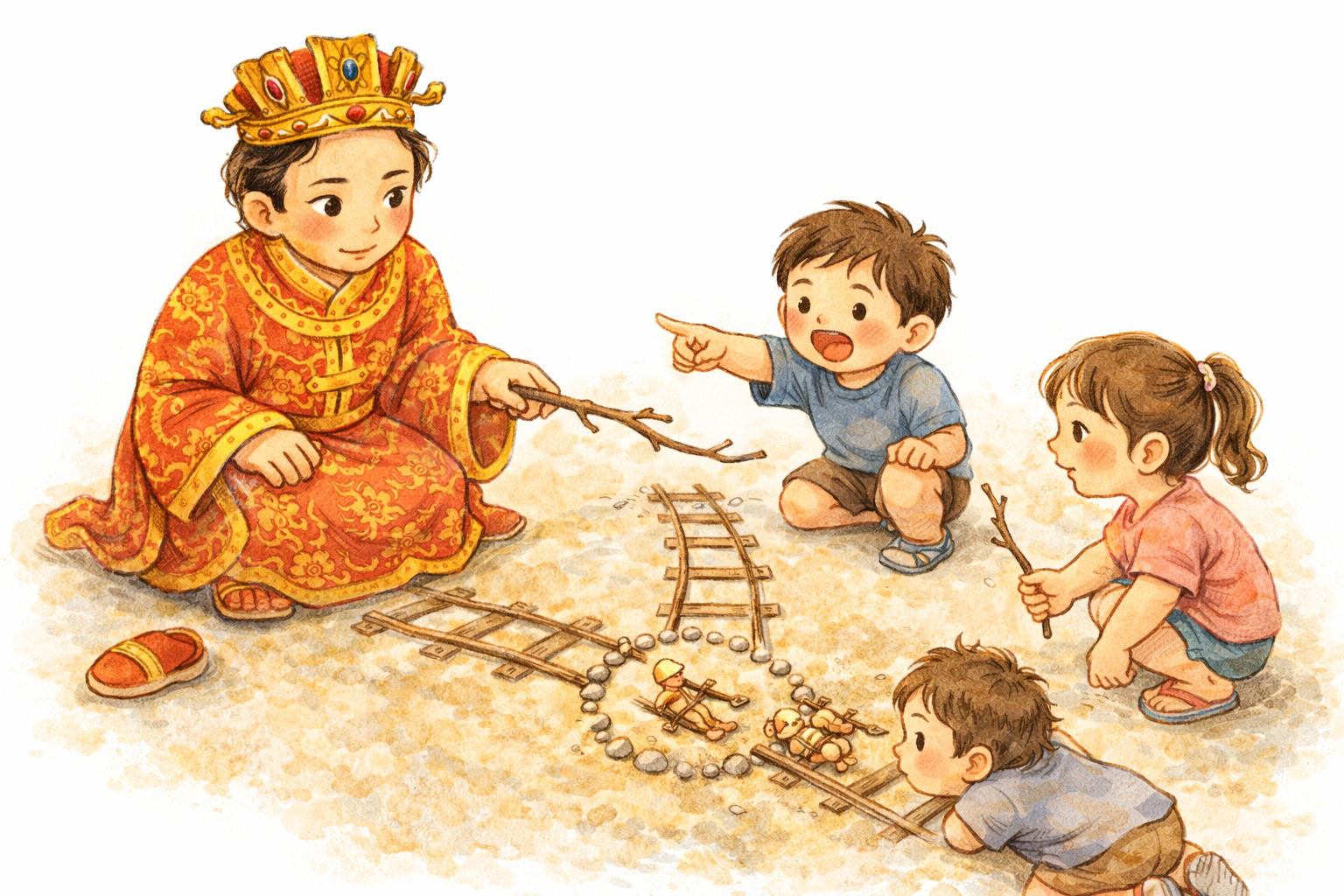 Q版邢王爺與小孩蹲在地上圍著沙盤，用樹枝討論火車難題，孩子們興奮地指著不同軌道，畫面溫馨平等。
