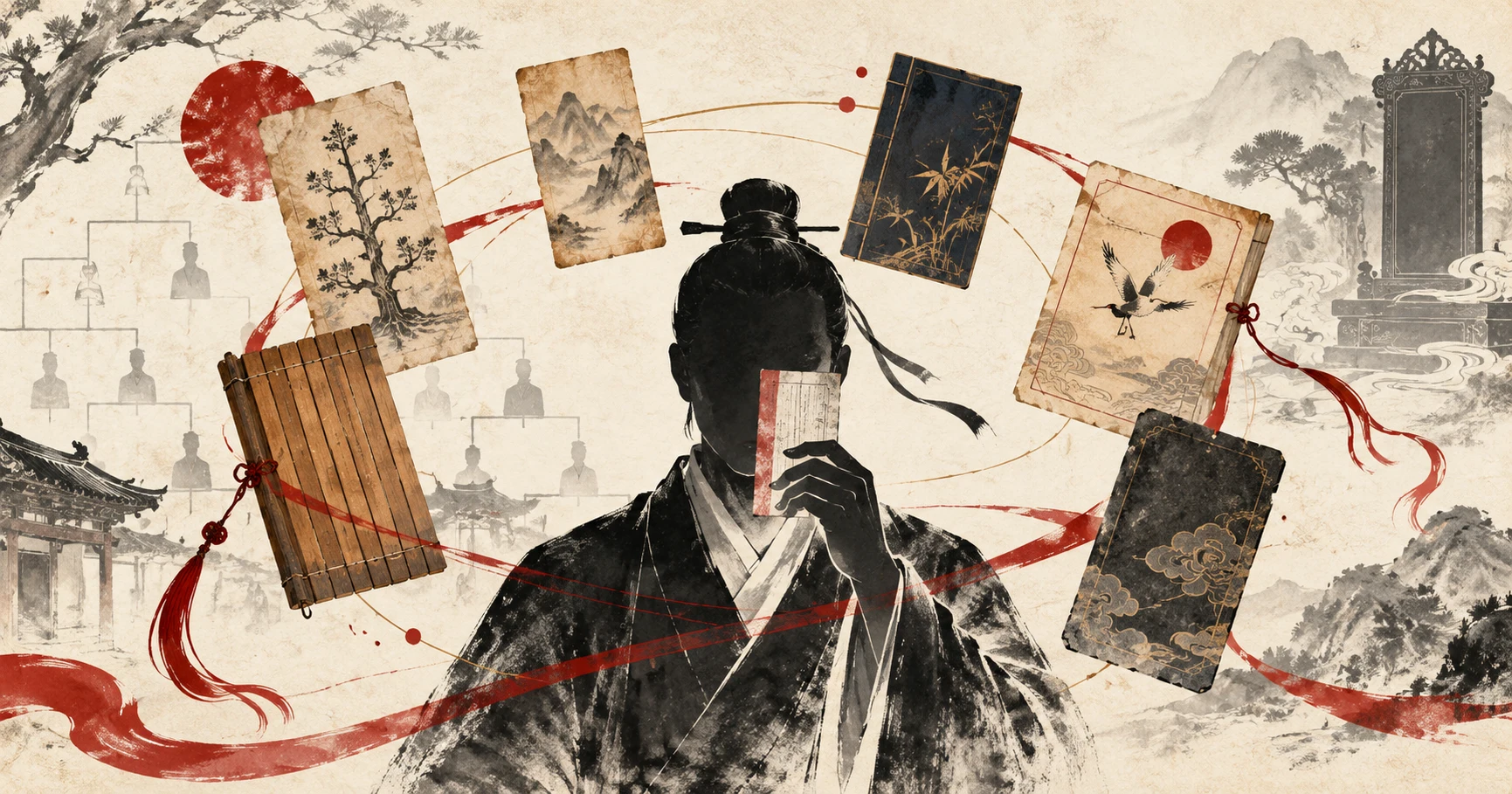 古代人物剪影被族譜、名帖、印章與不同身分稱謂環繞，象徵姓、氏、名、字、號與諡構成的中國古代姓名文化