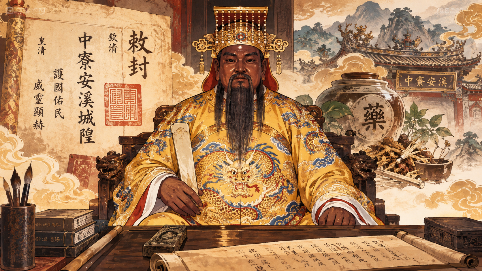 中寮安溪城隍爺身著黃龍袍的考據主題插畫，城隍爺端坐案後，袍服上龍紋盤旋，背景浮現清代敕封詔書與藥壺意象