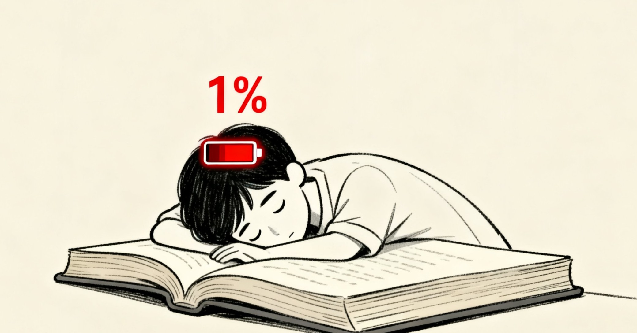 一個人趴在攤開的道德經上睡著，旁邊手機顯示電量百分之一