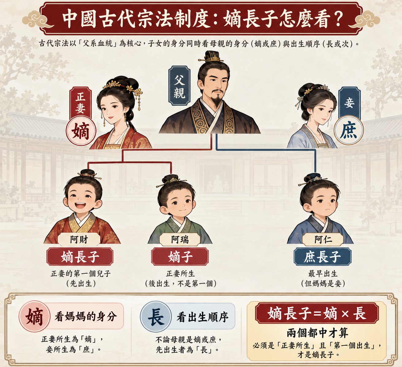 中國古代宗法制度家族樹圖解，正妻所生為嫡子，妾所生為庶子，阿仁為庶長子，阿財為嫡長子，阿瑞為嫡子