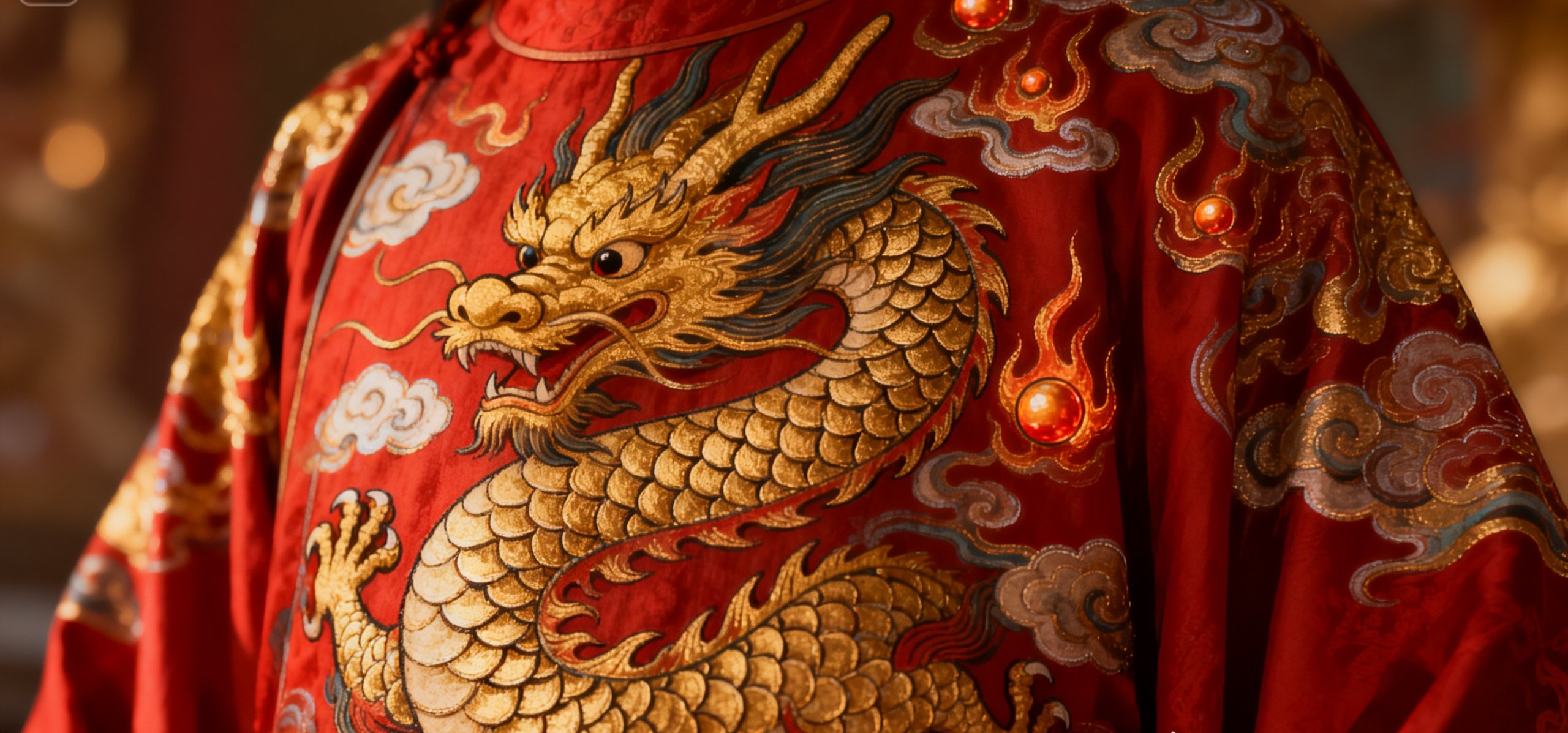 民間神明袍服上的龍紋細節特寫,展現四爪龍紋與祥雲、火珠等吉祥圖案