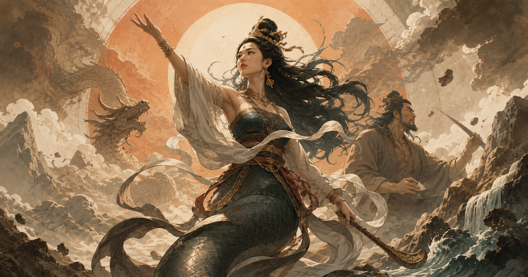 伏羲女媧人首蛇身的上古神話形象插畫，女媧立於前方展現威嚴姿態，伏羲與龍形象位於後方