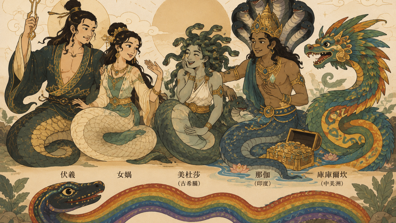 世界不同神話中的蛇形神祇與角色齊聚插畫，包括伏羲、女媧、美杜莎、印度那伽、羽蛇神庫庫爾坎與彩虹蛇