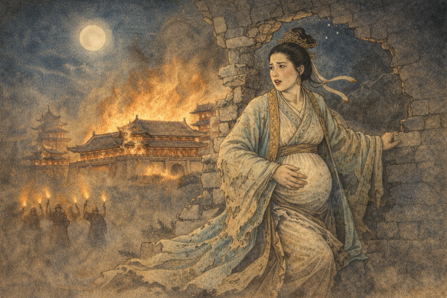 后緡在宮殿燃燒之夜從牆洞爬出逃亡，月光下回頭望向火光懷裡有夏朝滅亡與希望延續的瞬間。