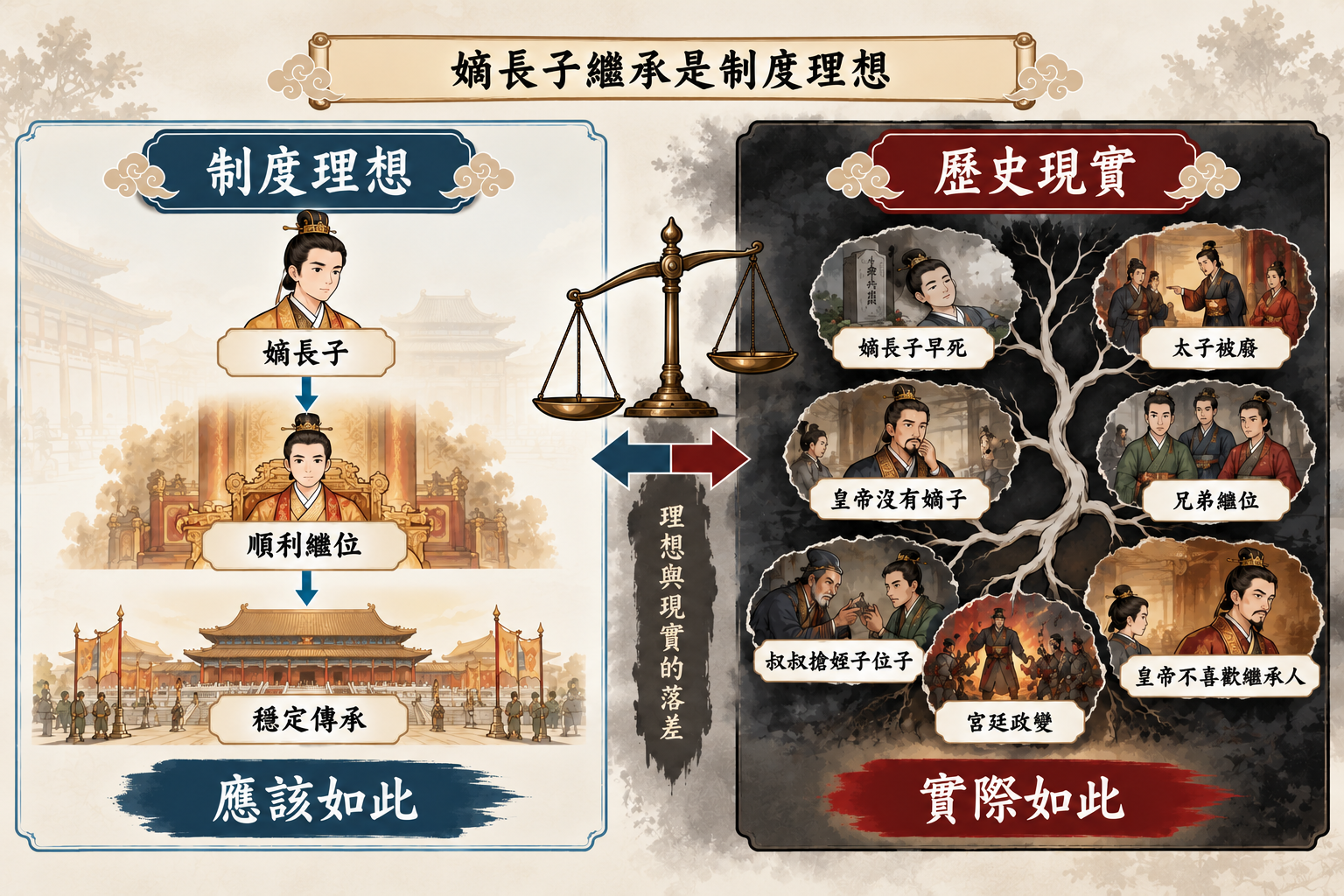 嫡長子繼承的制度理想與歷史現實對比圖，左側為順利繼位，右側為早死被廢無嫡子政變等各種現實情況