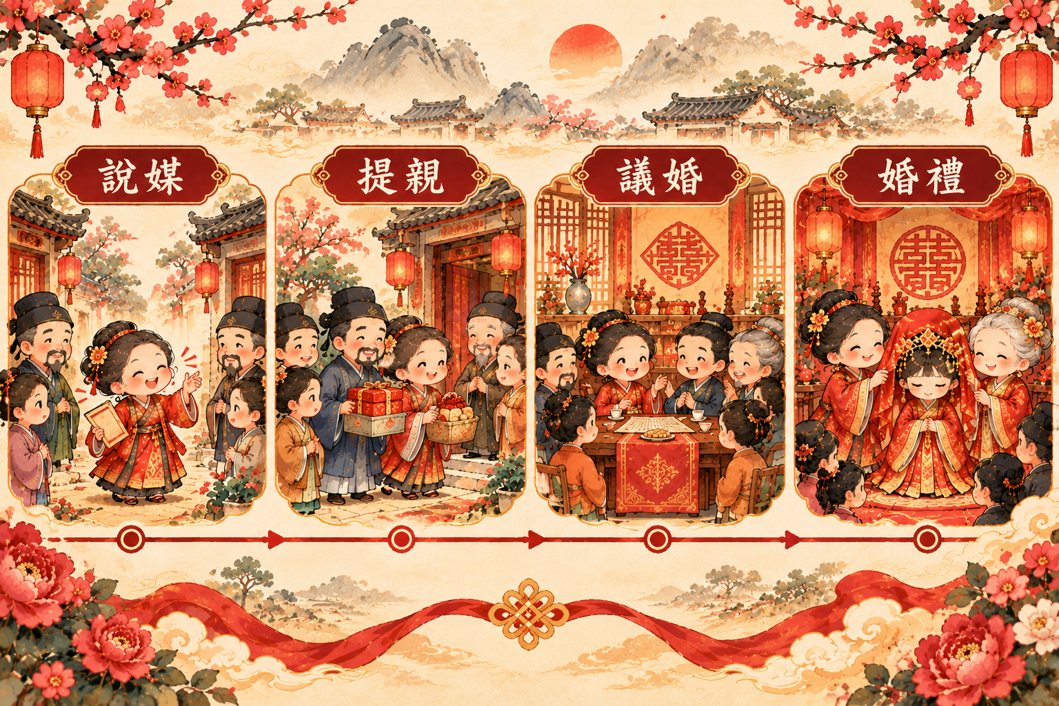 古代媒人婆人選插畫，賣花果、做衣服、梳頭、接生的女性出入不同家庭，象徵媒人婆的消息靈通與人面廣