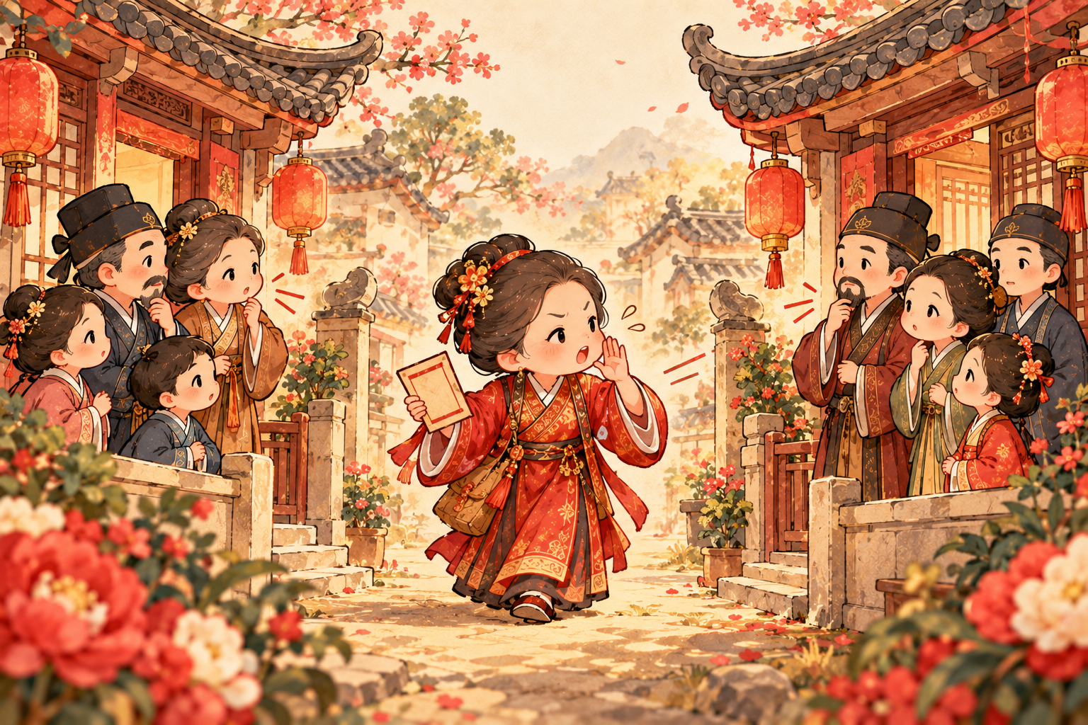 古代媒人婆說媒插畫，呈現媒人婆在兩家人之間傳話、協調婚事的熱鬧場景，適合用於介紹媒人婆與好命婆差別的婚俗文章配圖。