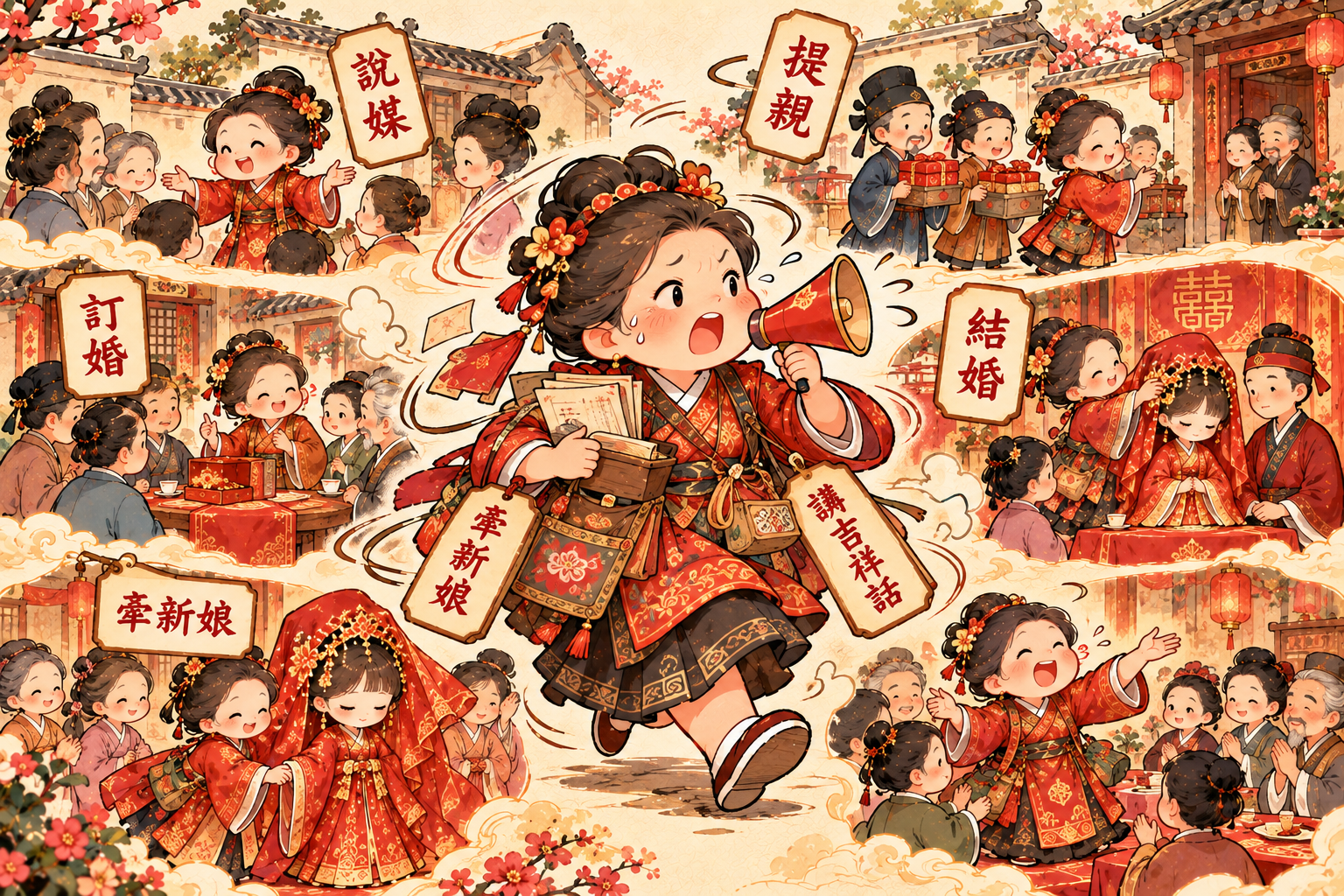 媒人婆與好命婆差別插圖，一位阿姨同時包辦說媒、提親、訂婚、結婚、牽新娘、講吉祥話，象徵現代婚禮中同一人可同時身兼媒人婆與好命婆的多重角色。