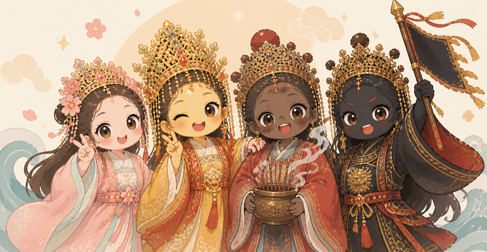 四種媽祖形象插圖：粉面少女媽祖、金面天后媽祖、香火薰黑媽祖與鎮煞黑面媽祖（Q版風格）