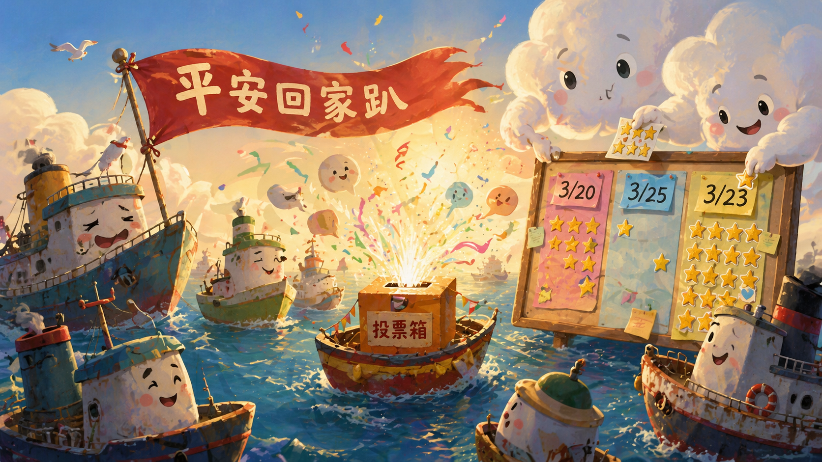 明朝商船舉可愛商船圍著投票箱慶祝，煙花噴發；看板貼滿日期便利貼，3/23星星最多，雲朵伸手幫忙計票