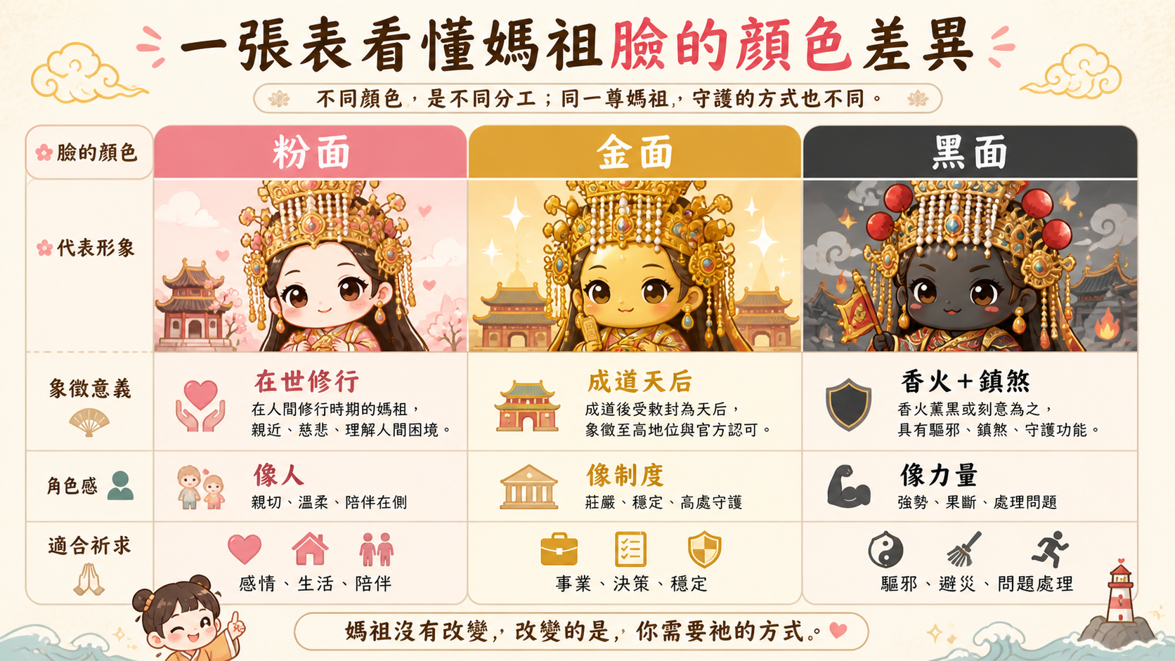 媽祖臉的顏色差異圖表：粉面、金面、黑面媽祖的象徵意義與角色功能對照