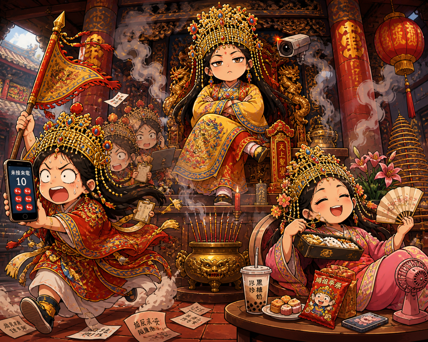 台灣廟宇三種媽祖形象插圖：鎮殿媽坐鎮中央、出戰媽忙碌奔波、吃便媽悠閒吃飯的幽默對比場景