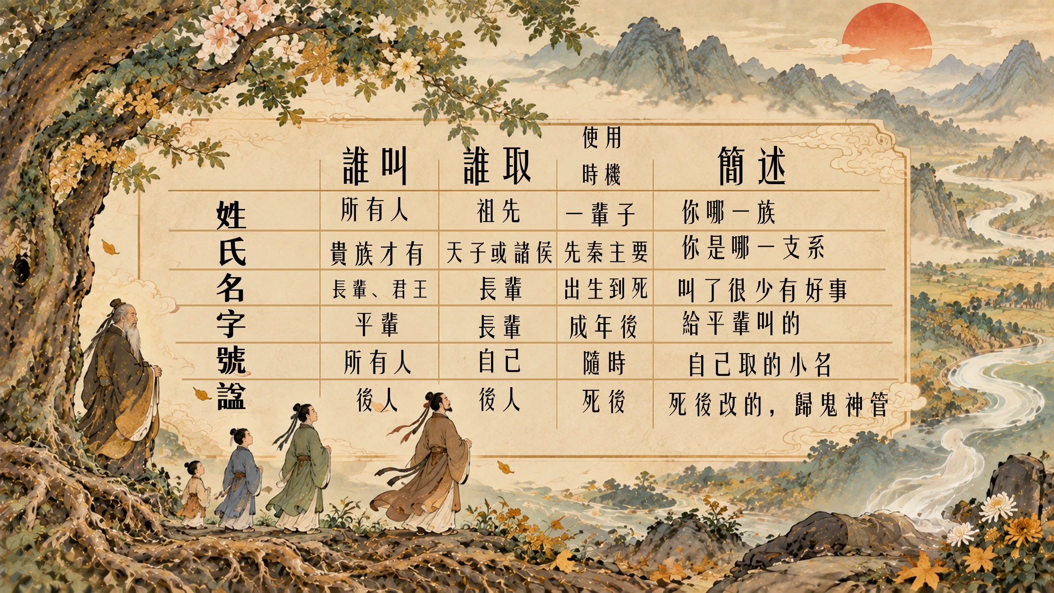 名、字、號、諡對照表：從姓、氏、名、字、號到諡，列出誰叫、誰給的、什麼階段