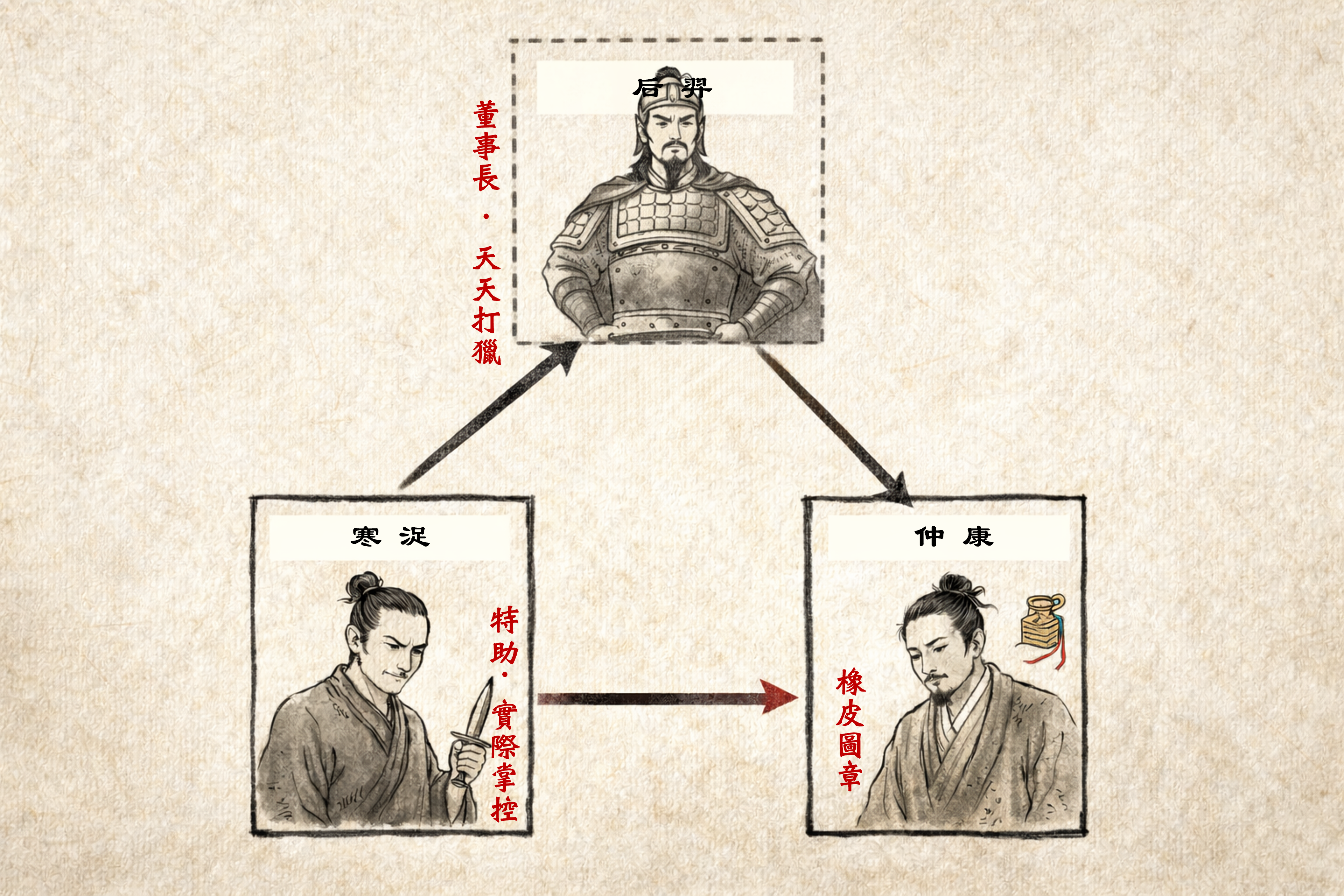 組織架構圖現代職場比喻呈現后羿、寒浞、仲康的權力關係。