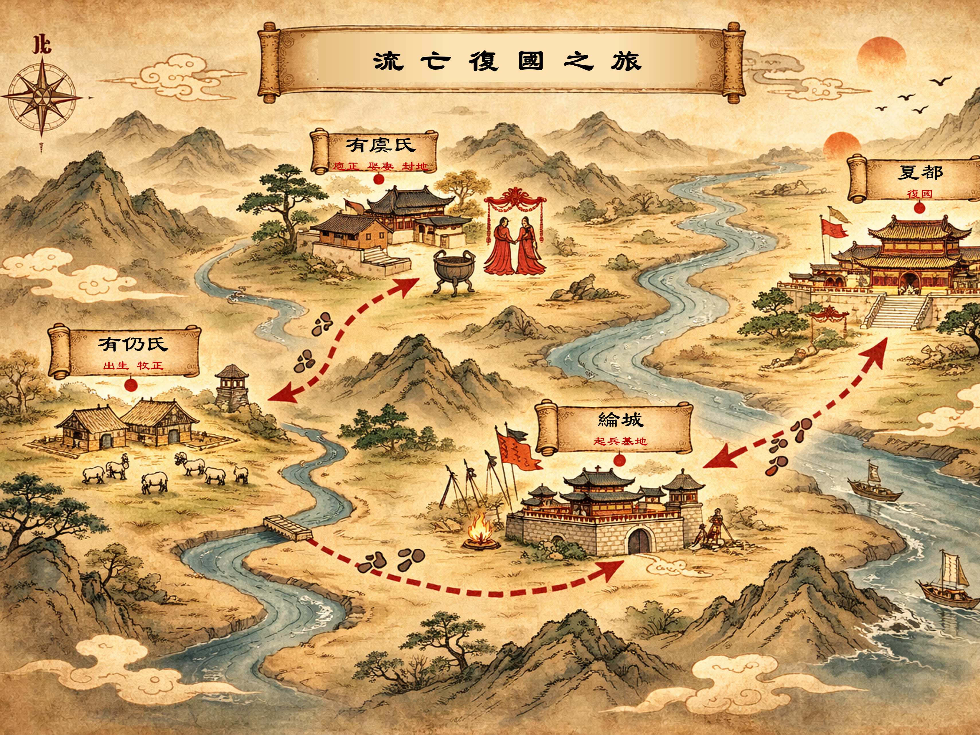 少康從有仍氏經有虞氏、綸城至夏都復國的四十年流亡路徑。