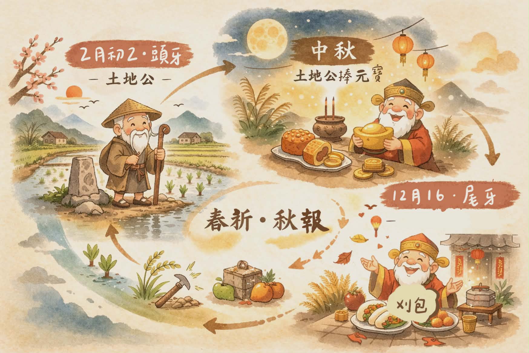 一幅描繪台灣『春祈秋報』傳統節慶的年曆風格插畫。左側二月二頭牙，土地公拄拐杖巡視剛插秧的水田；中央中秋，土地公捧元寶伴隨月餅賞月；右側十二月十六尾牙，土地公笑瞇瞇地看著刈包。背景點綴著淡淡的節氣符號，象徵一整年的循環與感恩。