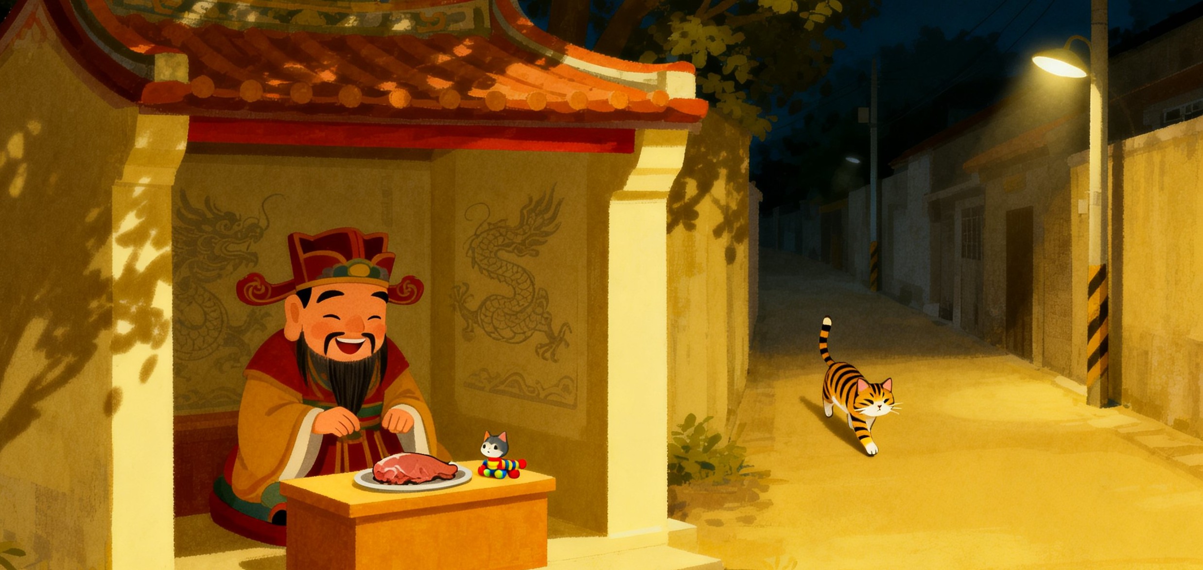 土地公找貓主題插畫——土地公笑瞇瞇看著供桌上的貓零食，旁邊有一隻正在回家路上的走失貓咪，背景有隱約的龍紋圖案