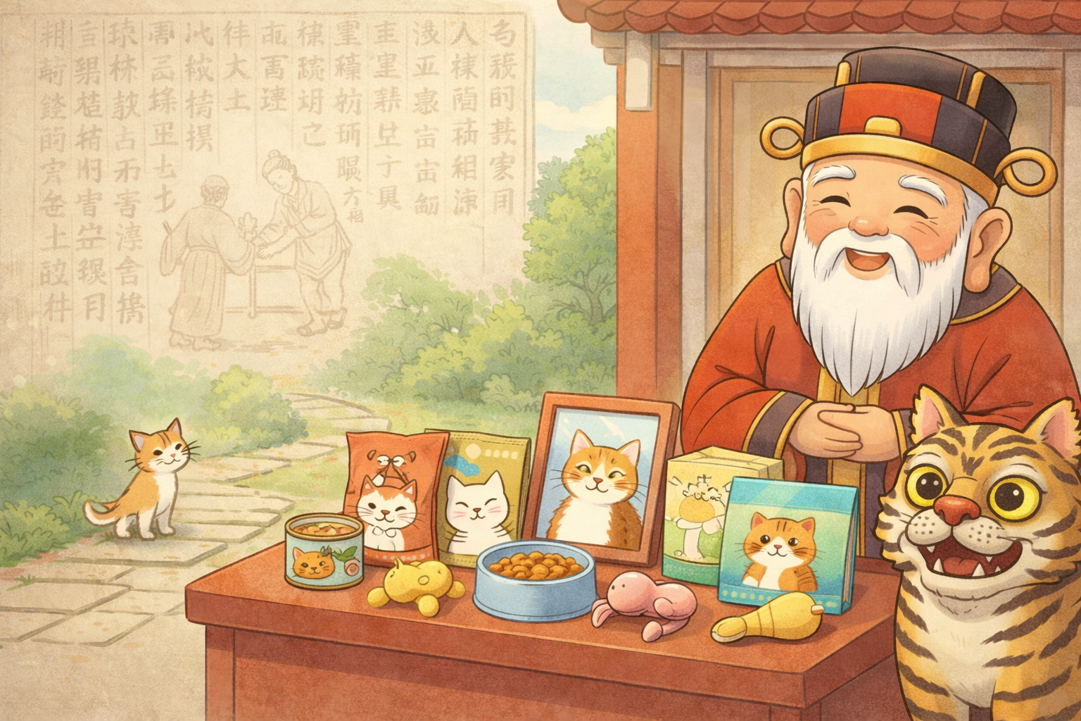 土地公廟前供桌上擺著貓零食、貓玩具和貓咪照片，土地公笑瞇瞇看著，旁邊虎爺豎起耳朵，角落一隻走失貓咪正在回家路上，背景浮現《夷堅志》書卷