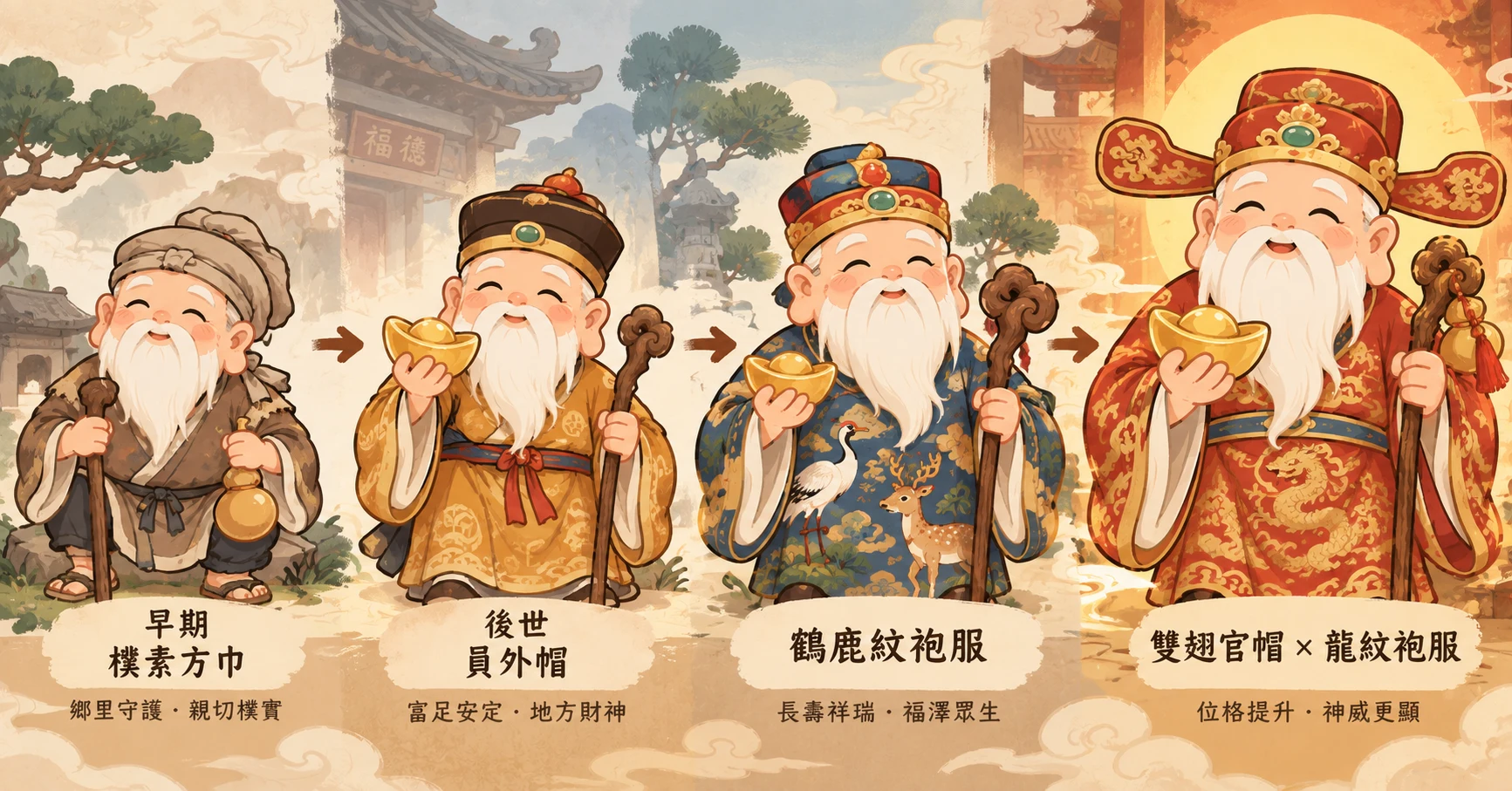 土地公造型演變插畫，呈現從樸素方巾、員外帽到雙翅官帽的不同形象，搭配長鬚、鶴鹿紋袍與龍紋袍服，展現福德正神服飾與神像造型的歷史變化