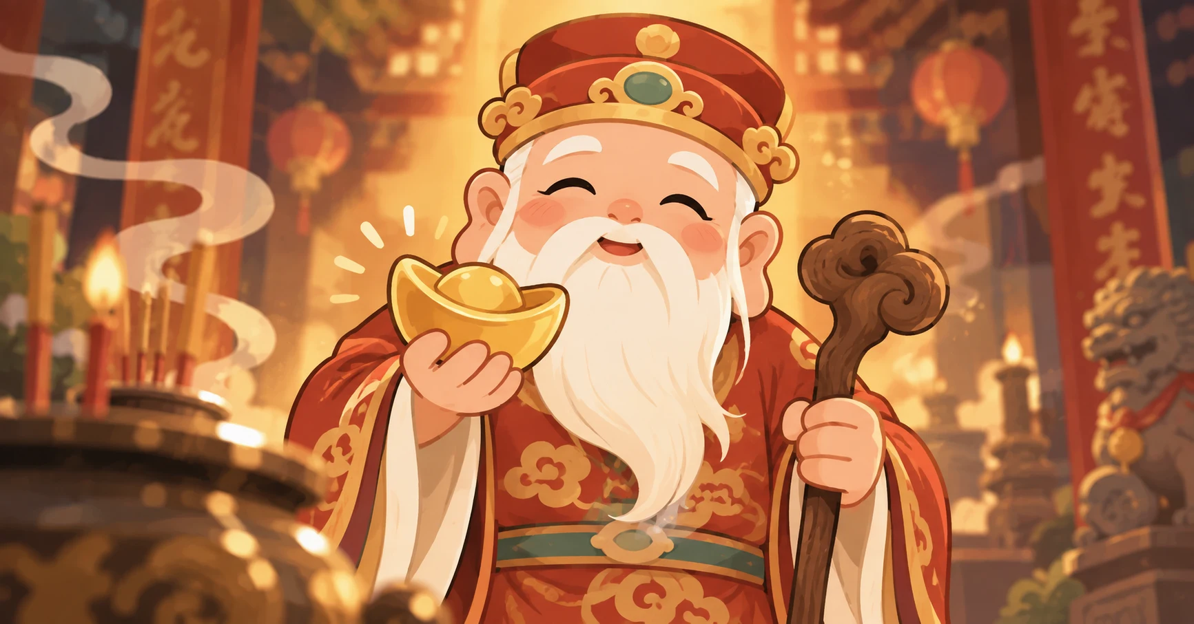 土地公手部插畫——左手拄拐杖、右手捧元寶，背景是廟裡暖黃色香火光暈，平面插畫風格，線條溫潤
