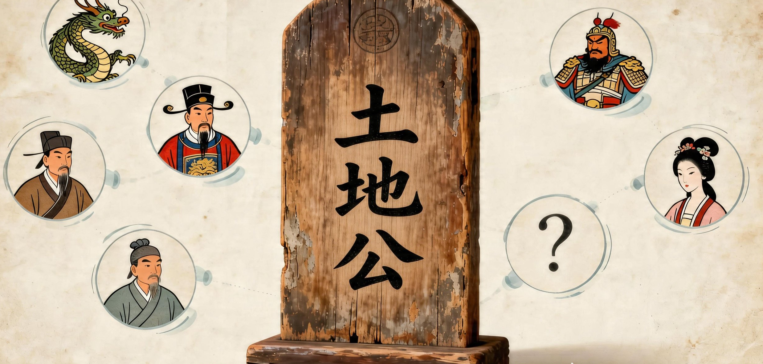 土地公身世主題插畫——中央寫著「職位」二字，周圍環繞句龍、張福德、韓愈、岳飛、西施的Q版頭像，復古圖鑑風格