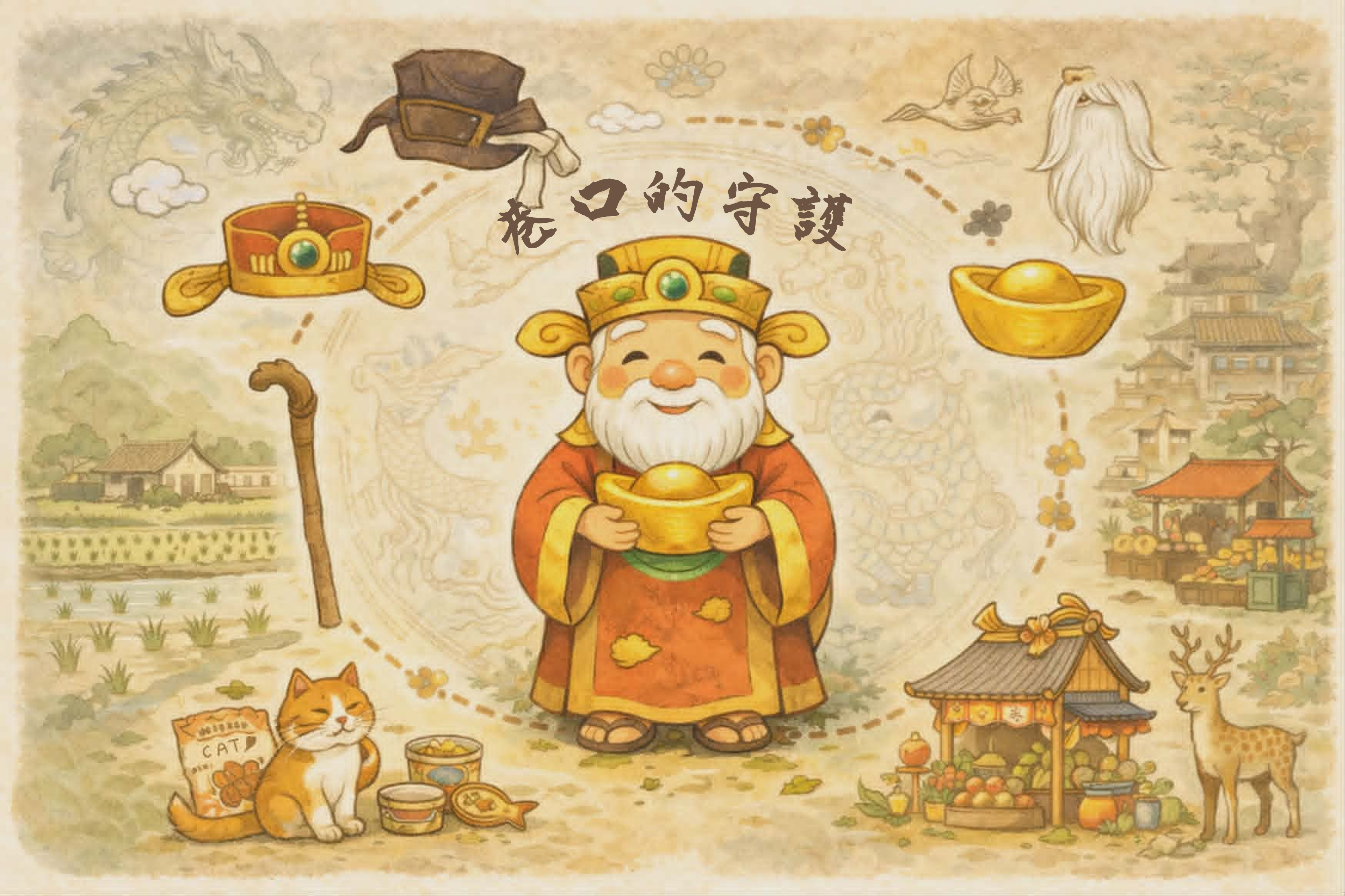 土地公世界圖插畫——中央土地公坐鎮，周圍環繞官帽、方巾、長鬚、拐杖、稻田、元寶、市集、貓咪與貓零食等元素，背景有龍紋、鶴、鹿等吉祥圖騰，上方題字「巷口的守護」，展現土地公全方位守護意象