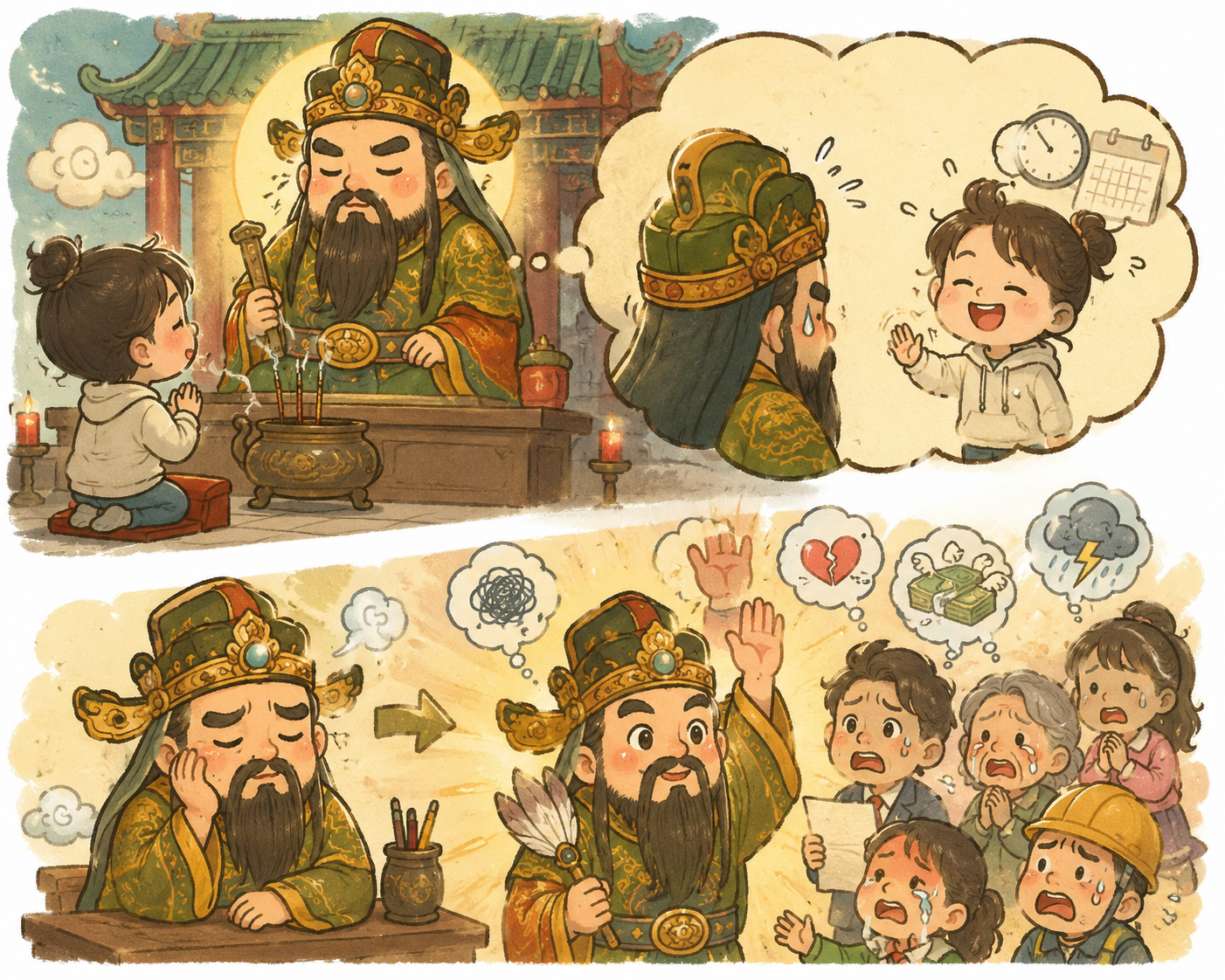 道教神明耐心回應信眾祈求，對比人們遇到困難總求神幫忙，卻未必願意在神明需要時主動付出的情境插畫