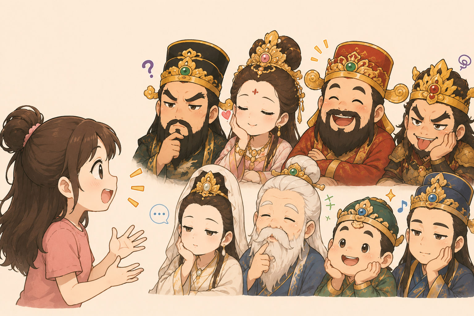女孩對著眾神分享心中的故事,神明們以各自不同的神情靜靜傾聽。