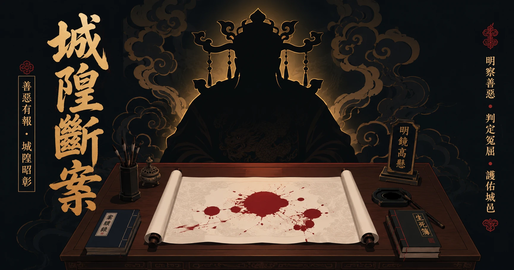 城隍爺審案主題扁平插畫,深色背景中巨大城隍爺剪影坐於中式案桌後方,桌上展開白色絲絹並留有紅色墨跡,周圍泛著暗金色光芒
