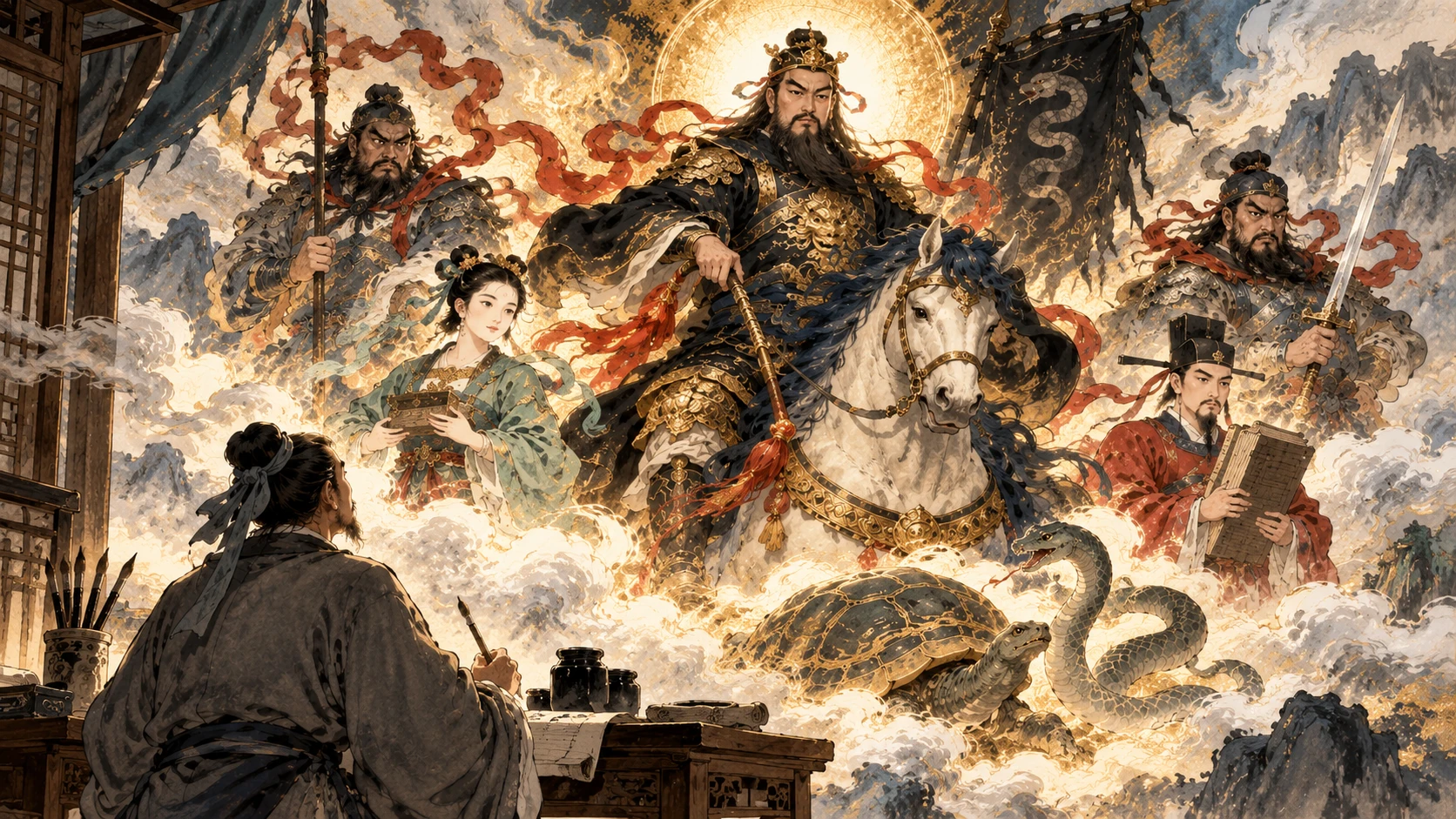 孫亨甫持筆仰望雲端顯現的真武大帝，真武騎青鬃白馬，身旁有天罡、河魁、童女與判官，前方龜蛇相隨