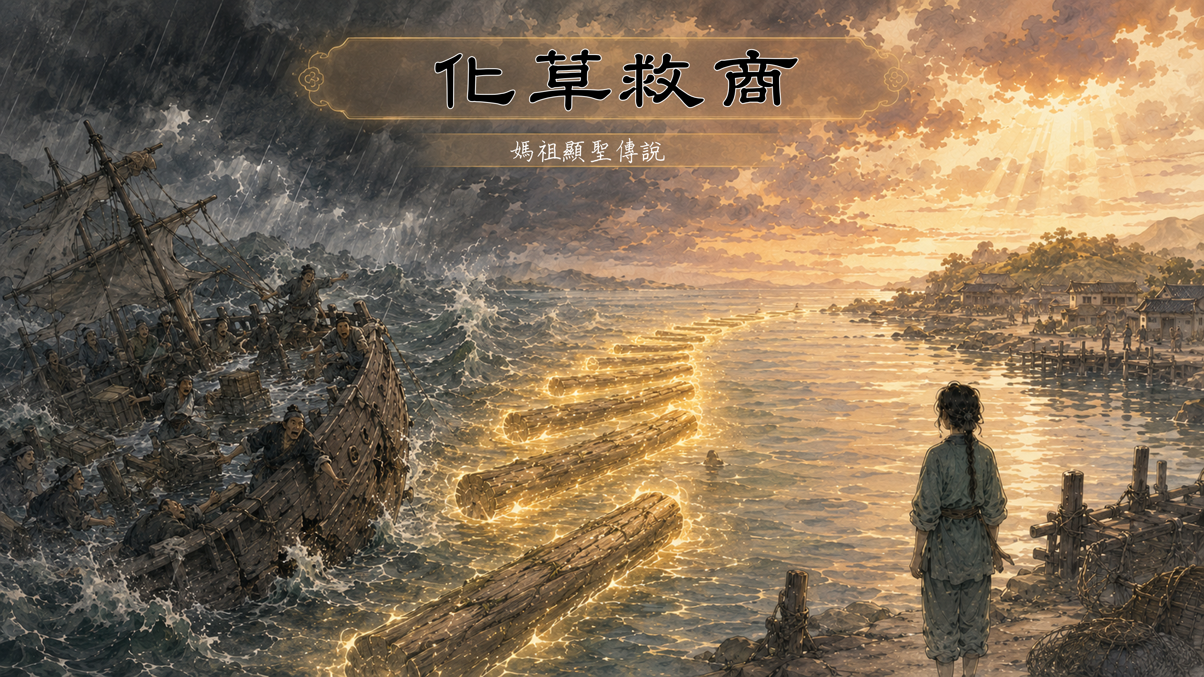 《天妃顯聖錄》化草救商故事插圖，描繪媽祖化草為杉木拯救商船脫離沉沒危機