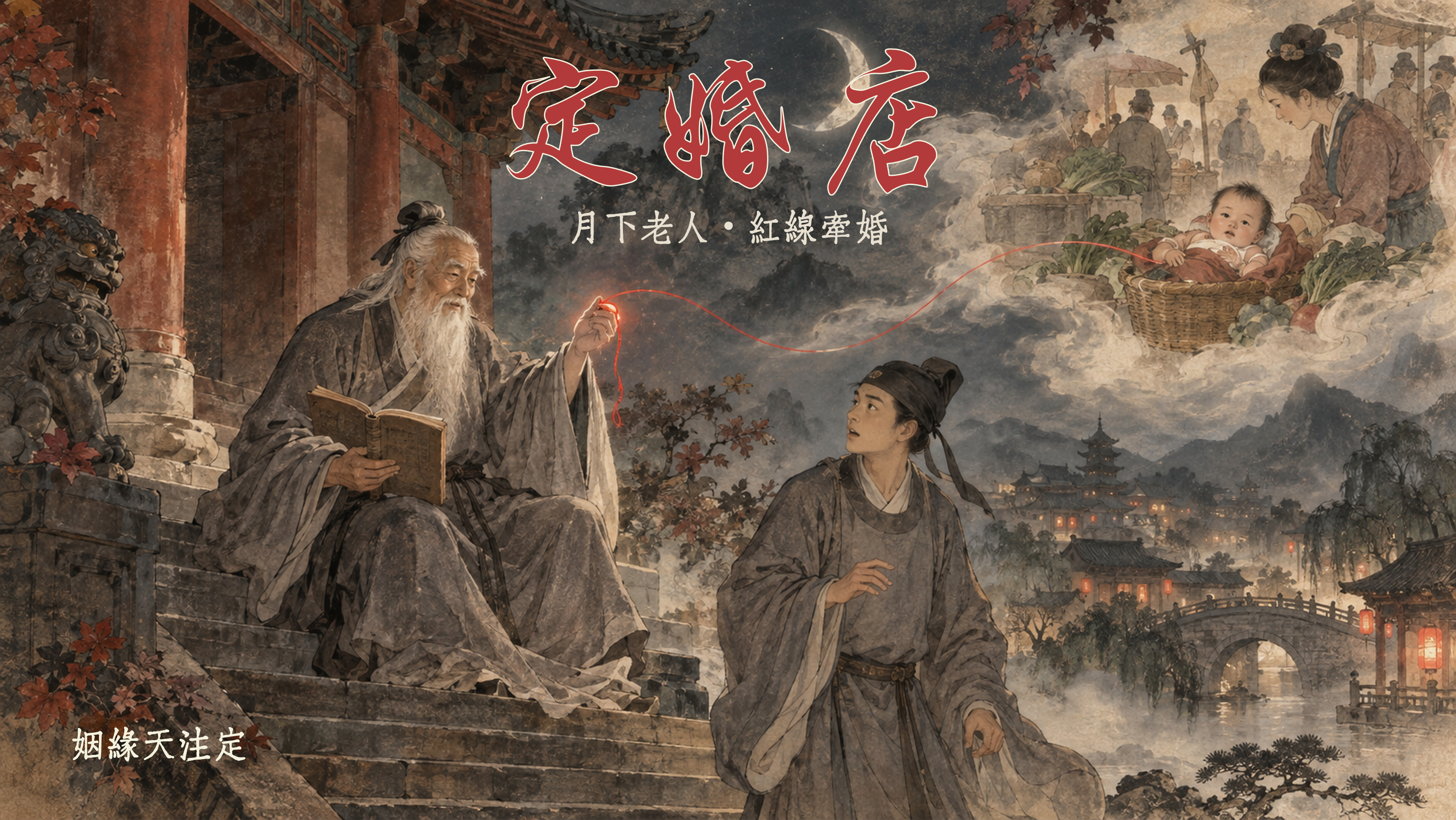 唐代傳奇《定婚店》封面插畫：月下老人手持紅繩與婚書，坐在龍興寺台階上，月光下韋固驚訝地看著老人，背景浮現菜市場中三歲女孩的朦朧身影，畫面呈現唐代古典水墨風格，氛圍神秘而浪漫。