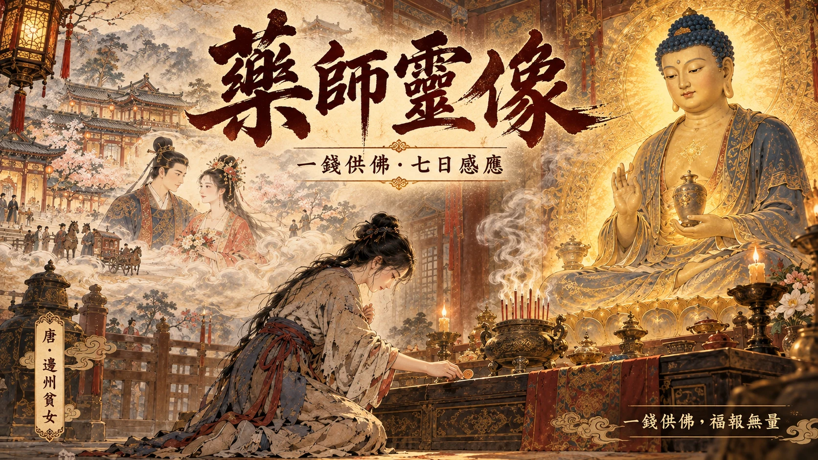唐代佛教感應故事封面插畫：貧女身穿破舊唐代衣衫，跪在佛寺中，將一枚銅錢供養在藥師佛像前。佛像散發柔和金光，背景浮現富家與夢境中求親的景象，香煙裊裊，燭火搖曳，呈現唐代古典水墨風格，氛圍慈悲而神聖