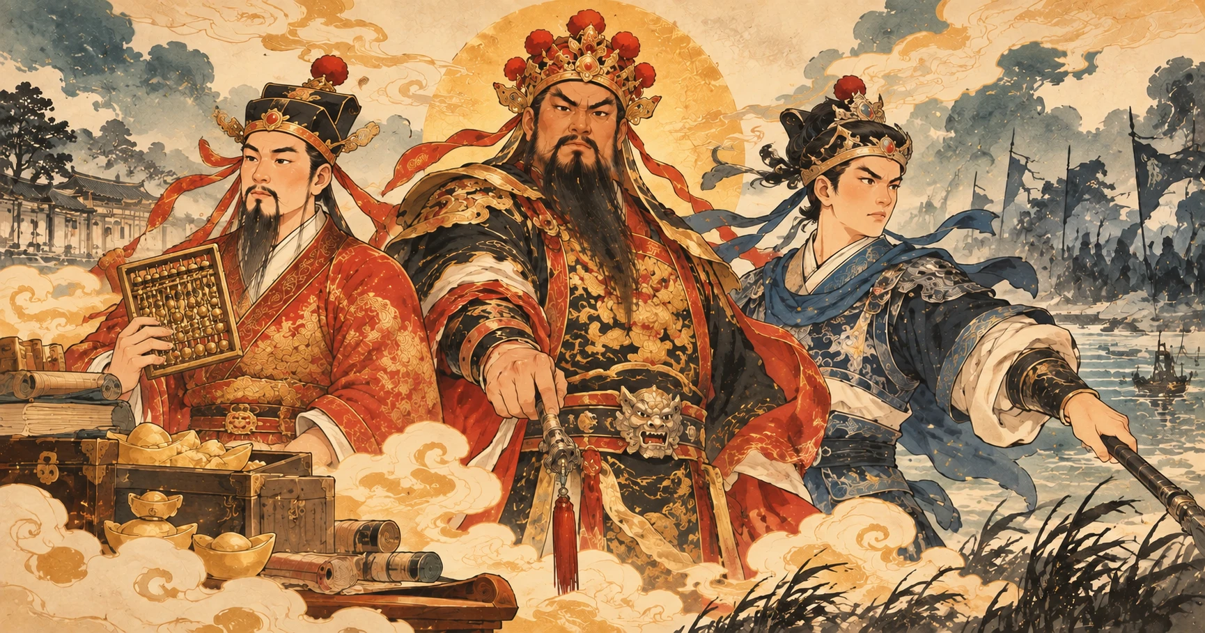 邢王爺、朱府千歲與魏府千歲義結金蘭的新中式插畫,朱王手持算盤,年輕無鬚的魏王持兵器,邢王居中威嚴而立